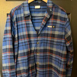 Men's Columbia Flannel Button Down Blue Gray Orange Large